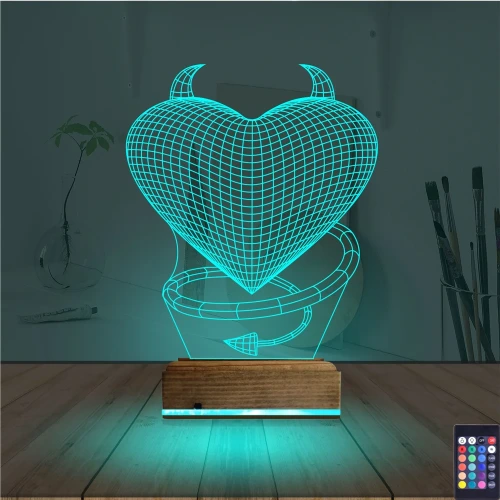 Kalp Şeytan Sevgiliye Hediye 3D Lamba - Masa Gece Lambası