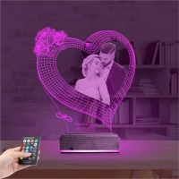 Kalp Gül Sevgiliye Hediye Fotoğraflı 3D Lamba - Masa Gece Lambası
