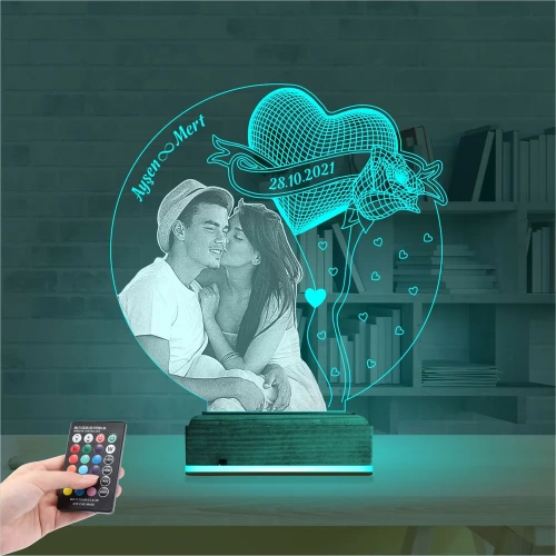 Kalp Gül Sevgiliye Hediye Fotoğraflı 3D Lamba - Masa Gece Lambası