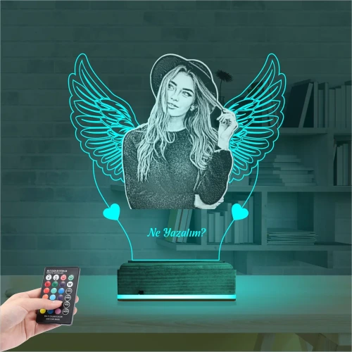 Kalp Melek Sevgiliye Hediye Fotoğraflı 3D Lamba - Masa Gece Lambası