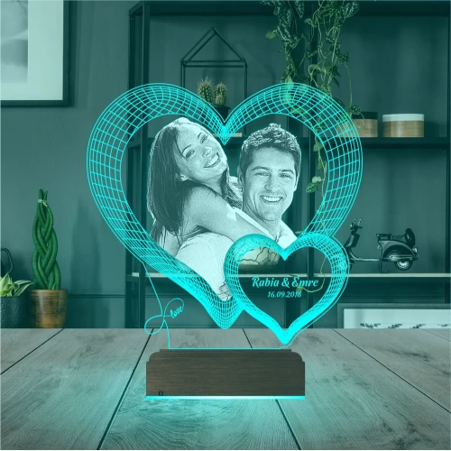 Kalp Sevgiliye Hediye Fotoğraflı 3D Lamba - Masa Gece Lambası