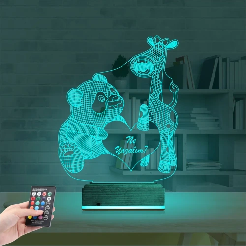 Ayıcık Zürafa Kalp Kişiye Özel 3D Lamba - Masa Gece Lambası