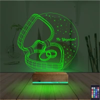 Kalp Yüzük Yıldönümü Hediye Kişiye Özel 3D Lamba - Masa Gece Lambası