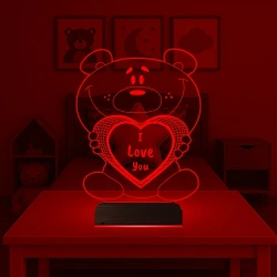Ayıcık Kalp Kişiye Özel 3D Lamba - Masa Gece Lambası