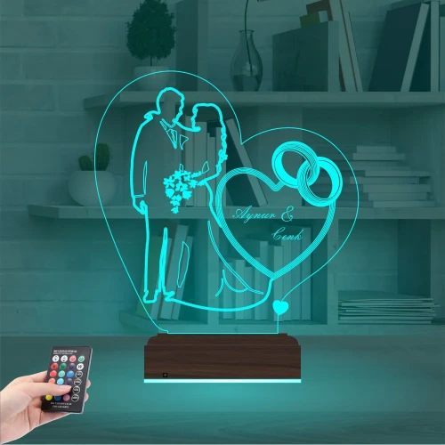 Gelin Damat Alyans Yüzük Seviliye Hediye Kişiye Özel 3D Lamba - Masa Gece Lambası