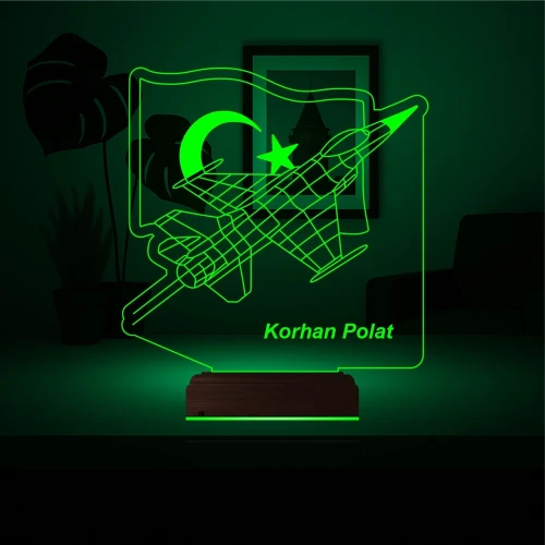 Savaş Uçağı Uçak Pilot Türk Bayrağı Kişiye Özel 3D Lamba - Masa Gece Lambası